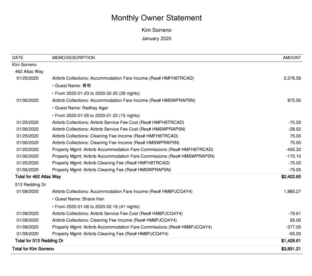 Airbnb Trust Accounting for Property Managers QuickBooks Monthly Owner Statement Report