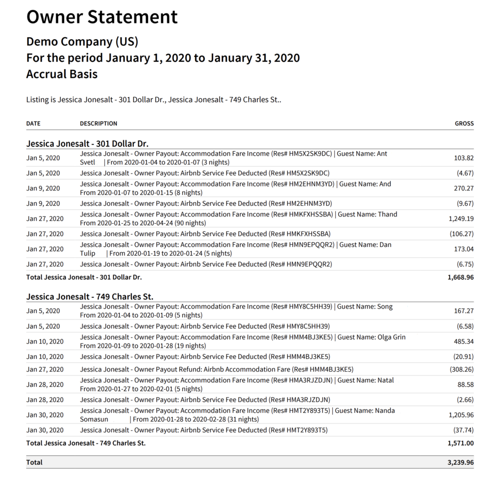 Airbnb Property Management Owner Statement in Xero